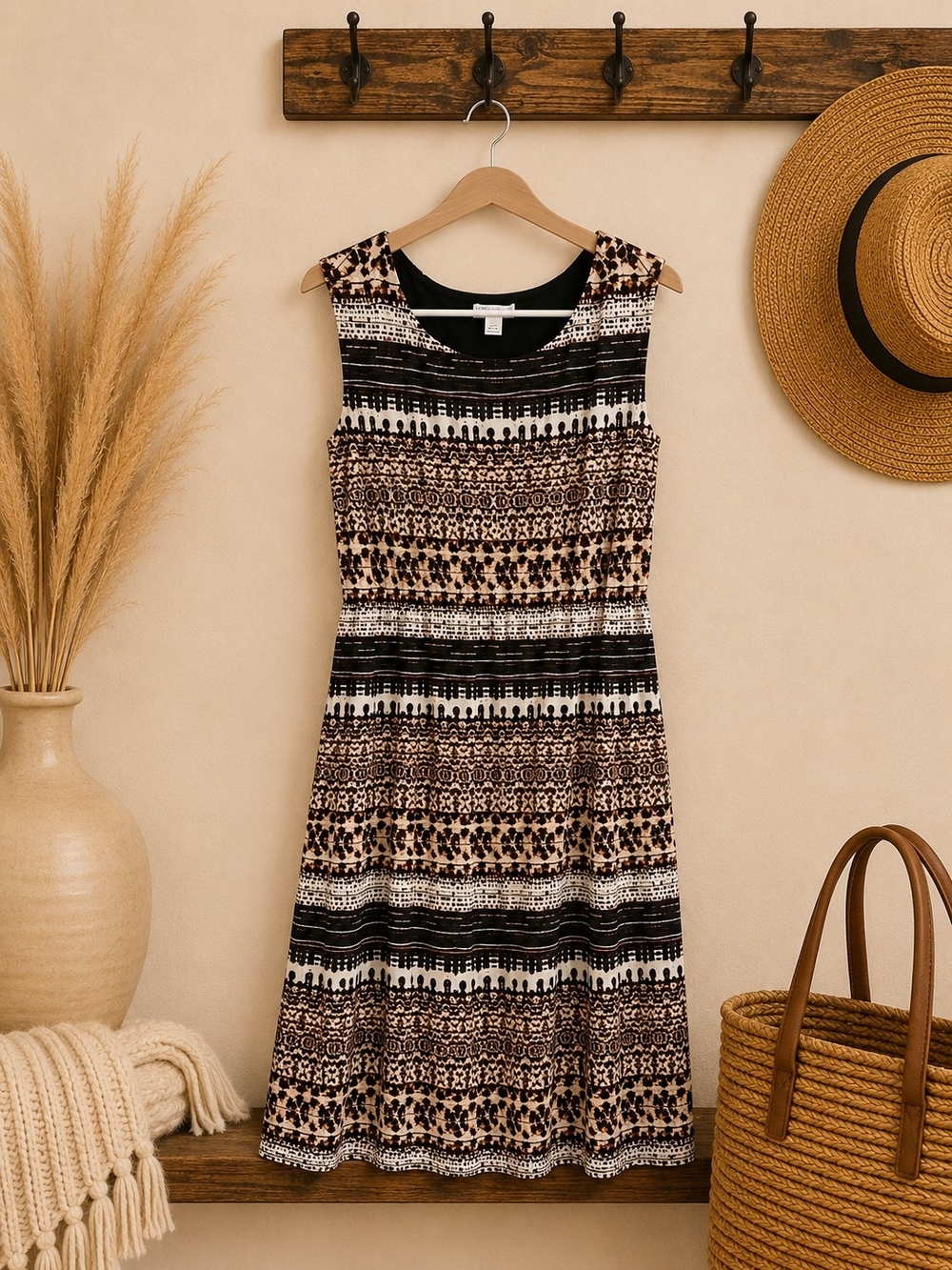 Cato Black and Beige Patterned Sleeveless Midi Dress